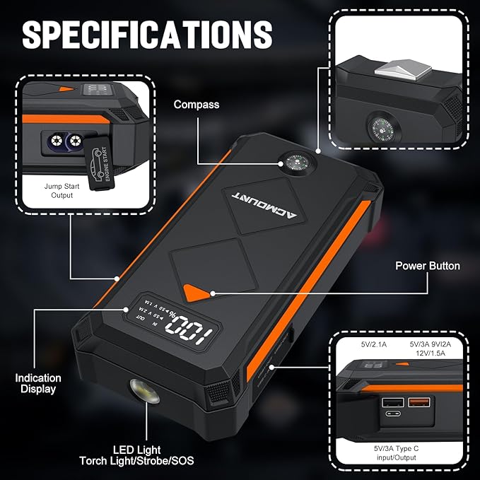 Acmount P110 Car Jump Starter, 6000A Peak Lithium Jump Starter Battery Pack for Up to 10.0L Gas or 8.0L Diesel Engine, Safe