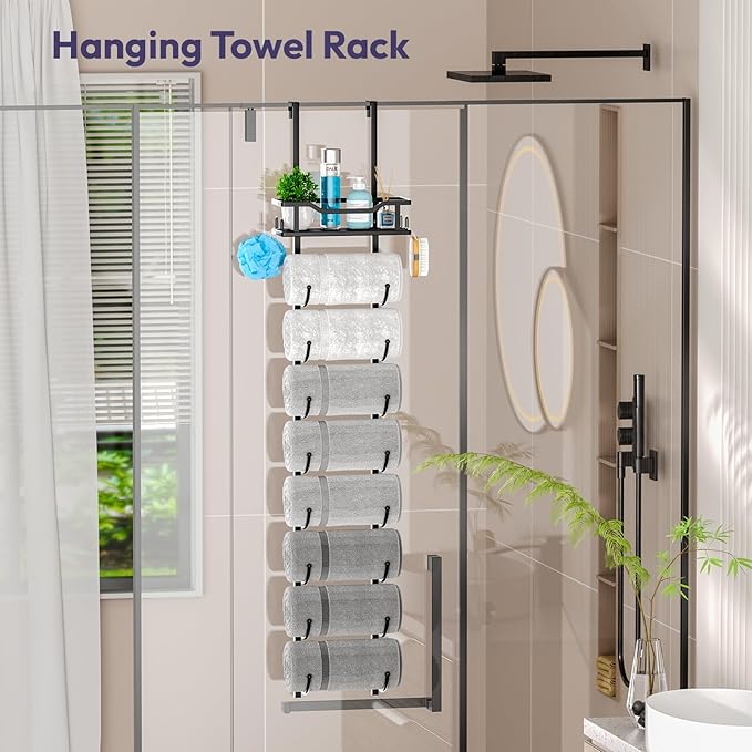 SWTYMIKI Over The Door Towel Rack - 9 Tier Towel Racks for Bathroom Wall Mounted, Towel Holder with Shelf, Hanging Rolled Tow