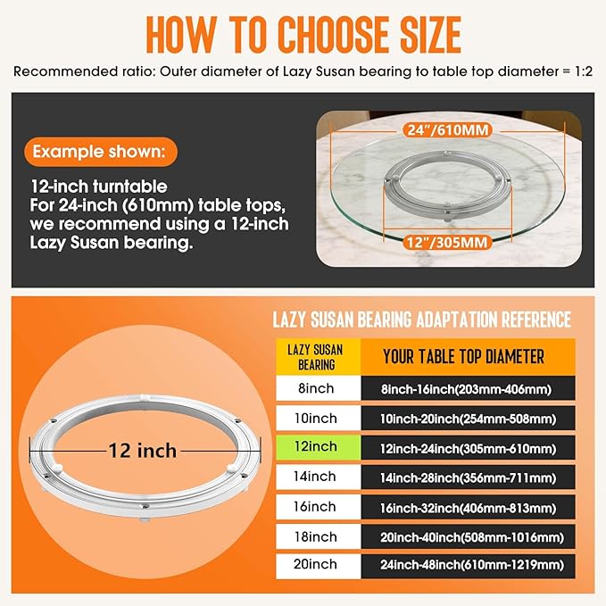 Heavy Duty Lazy Susan Turntable Bearing 12 Inch, 500lbs Capacity Rotating Swivel Plate for Round Table, Heavy Duty Swivel Bas