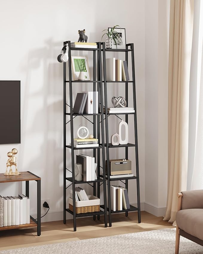 Hzuaneri Ladder Shelf, Bookshelf Bookcase, Freestanding Corner Storage Shelve with 2 Hooks for Home Office, Living Room, Kitc