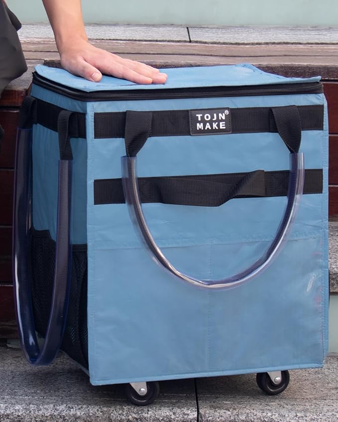 Reusable Grocery Bag On Wheels Shopping Trolley with 8 Pockets and Zipper Cover Foldable Rolling Tote, Heavy Duty Handles, Carries Up to 22 LBS (Small, Blue)