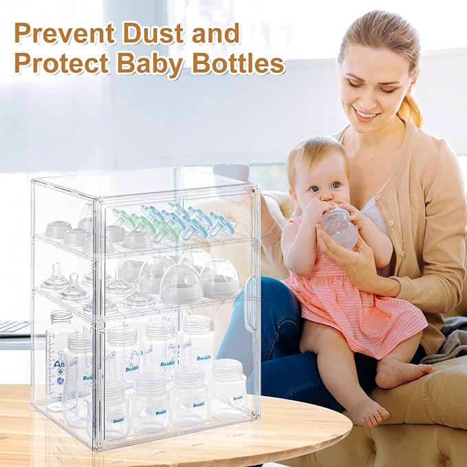 ERTIUANIO Baby Bottle Organizer – 3 Tier Bottle Storage Organizer Baby for Bottles, Nipples, Pump Parts, Food Jars – Clear Nu