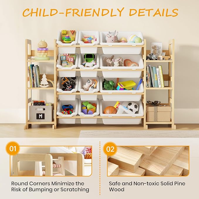 EXPERLAM Extra Large Toy Storage - Toy Storage Organizer, Wooden Toy Organizer with 6 Side Shelves and 12 Bins, 3-in-1 Booksh