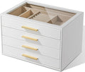 pickpiff Jewelry Box Organizer Case for Women: 4-Layer Jewelry Storage Case with Glass Window, Pure White Leather with Velvet