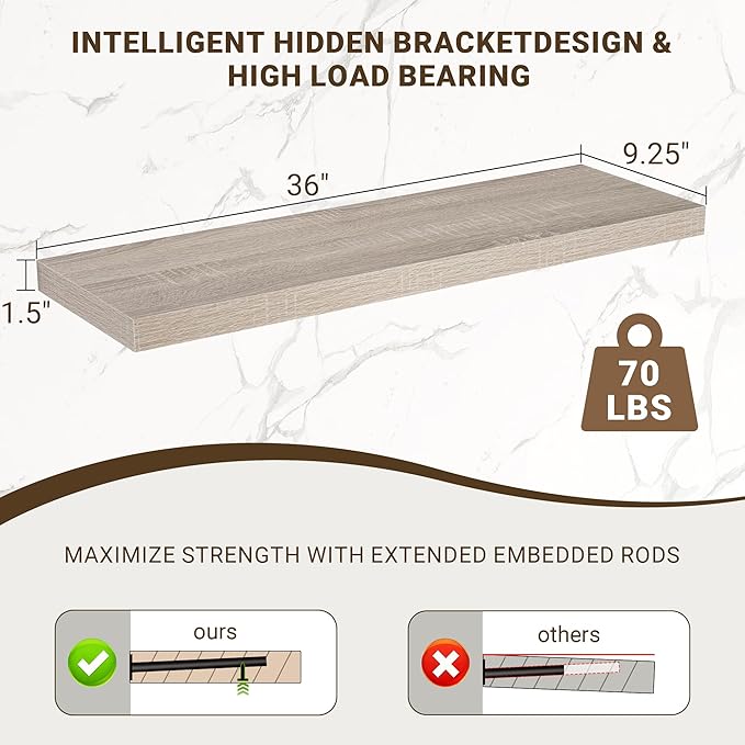 36 Inch Floating Shelves, 3D Textured Wood Grain, 36"x9.25"x1.5" Inch Deep Floating Shelves for Wall, Wooden Shelves for Bath