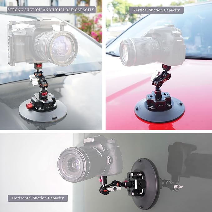 CNC Machined 6in Suction Cup Camera Mount with Ball Head Magic Arm, 1/4" ARRI Holes, Quick Release Car Mount with Phone Holder & Action Camera Adapter Compatible with DJI OSMO Pocket 3 Insta360 iPhon