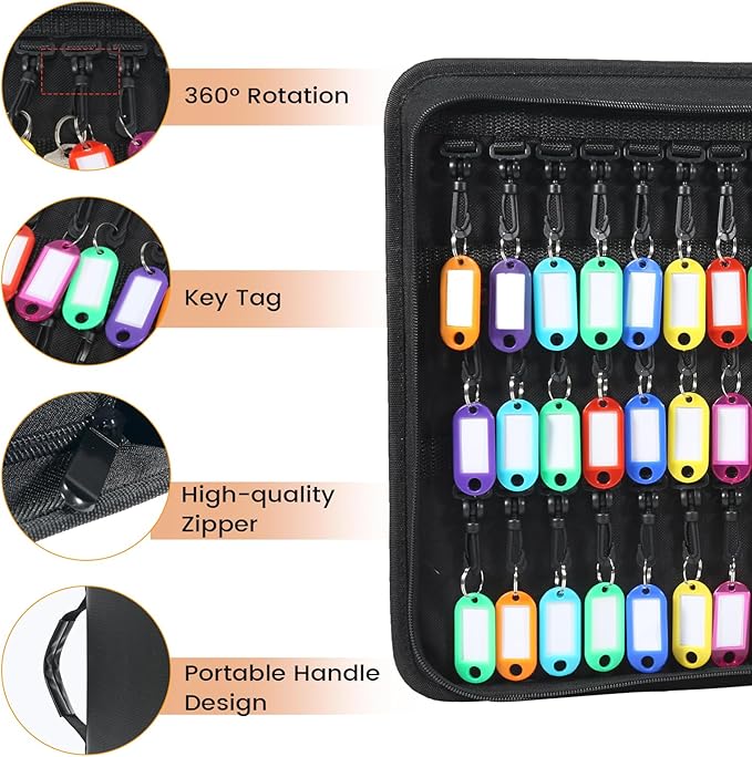 Zippered Key Case, Portable Key Organizer with Handle, Waterproof & Fireproof Key Binder with 54 Hooks and Tags, Key Box Orga