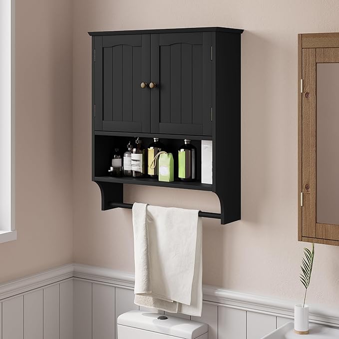 Smuxee Black Bathroom Cabinet Wall Mounted with Towels Bar, Medicine Cabinet with 2 Door Adjustable Shelves, Over Toilet Cabi
