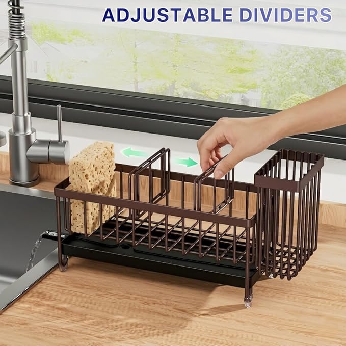 Cisily Brown Sponge Holder for Kitchen Sink, Sink Caddy Organizer with High Brush Holder, Kitchen Countertop Organizers and S