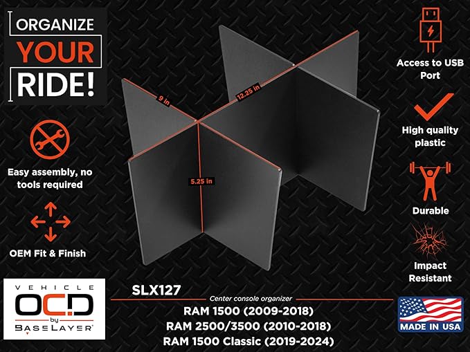 Vehicle OCD - Lower Center Console Organizer for Dodge RAM 1500 (2009-18), RAM 2500/3500 (2010-18), RAM 1500 Classic (2019-24) - Made in USA - not for console with CD player - SLX127