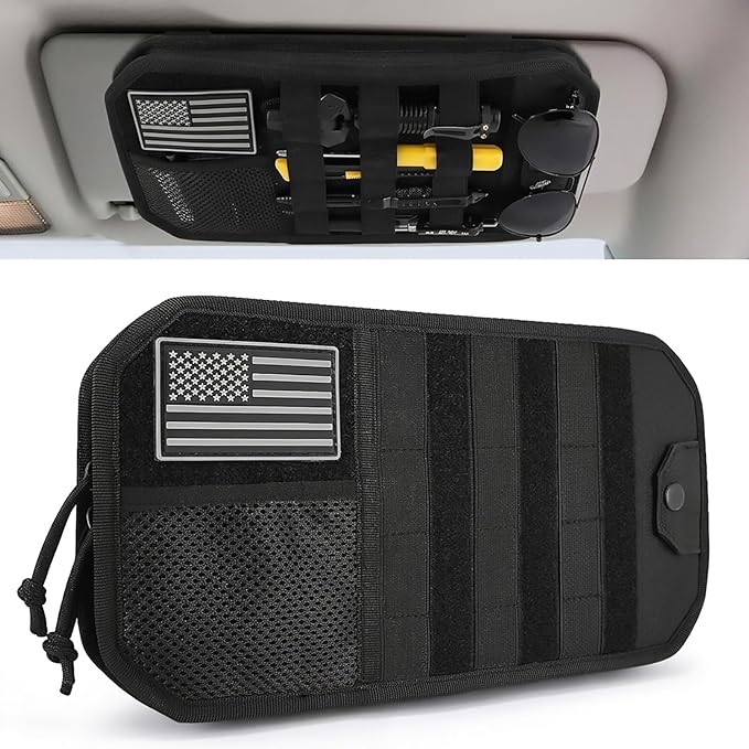 Denchy Molle Car Sun Visor Organizer with Zipper Storage Pouch and Sunglasses Holder Clip, Tactical Sunvisor Organizers for Trucks, Universal Molle Panel Accessories for Truck SUV Police Car Gear