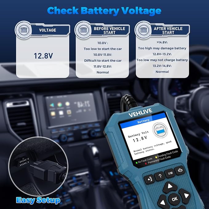 OBD2 Scanner Diagnostic Tool, Check Engine Light Car Code Reader with Reset, Battery Tester, Live Data, Freeze Frame, I/M