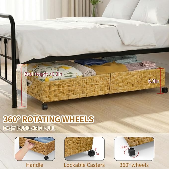 Under Bed Storage Containers with Wheels, 31.5” Large Handwoven Rattan Rolling UnderBed Storage Bins, Tool-free Assembly Natu