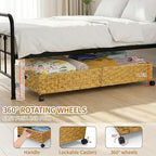 Under Bed Storage Containers with Wheels, 31.5” Large Handwoven Rattan Rolling UnderBed Storage Bins, Tool-free Assembly Natu