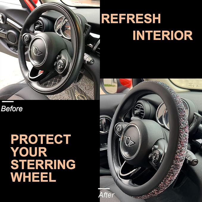 PINCTROT Chenille Leather Steering Wheel Cover, Soft Mottled Colors, Sweat-Proof, Non-Slip Grip, All-Season Comfort, Universa
