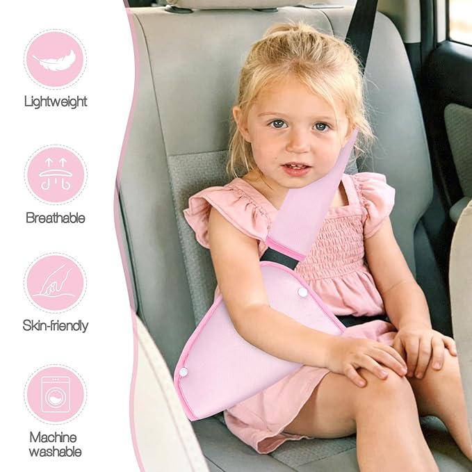 Kids Seat Belt Cover Pads, Universal Seat Belt Adjuster for Kids, HNHUAMING Kid's Shoulder & Belly Protective Padding for Travel, Soft Breathable Car Seat Straps Pads for Children, Pink