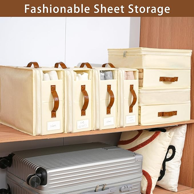 Bed Sheet Organizers and Storage, 8 Pack Linen Closet Organizers with Adjustable Zipper, Foldable Bedding Storage for Queen o