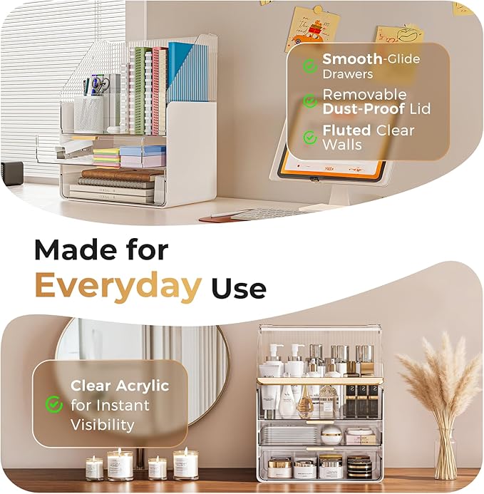 Makeup Organizer Countertop with Drawers & Lid, Skincare Organizer for Vanity, Large Cosmetic Organizer & Display Cases and S