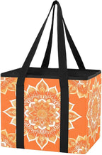 Orange Mandala Reusable Grocery Bags Large Shopping Tote Bag with Reinforced Bottom Board, Water Resistant Foldable Storage B