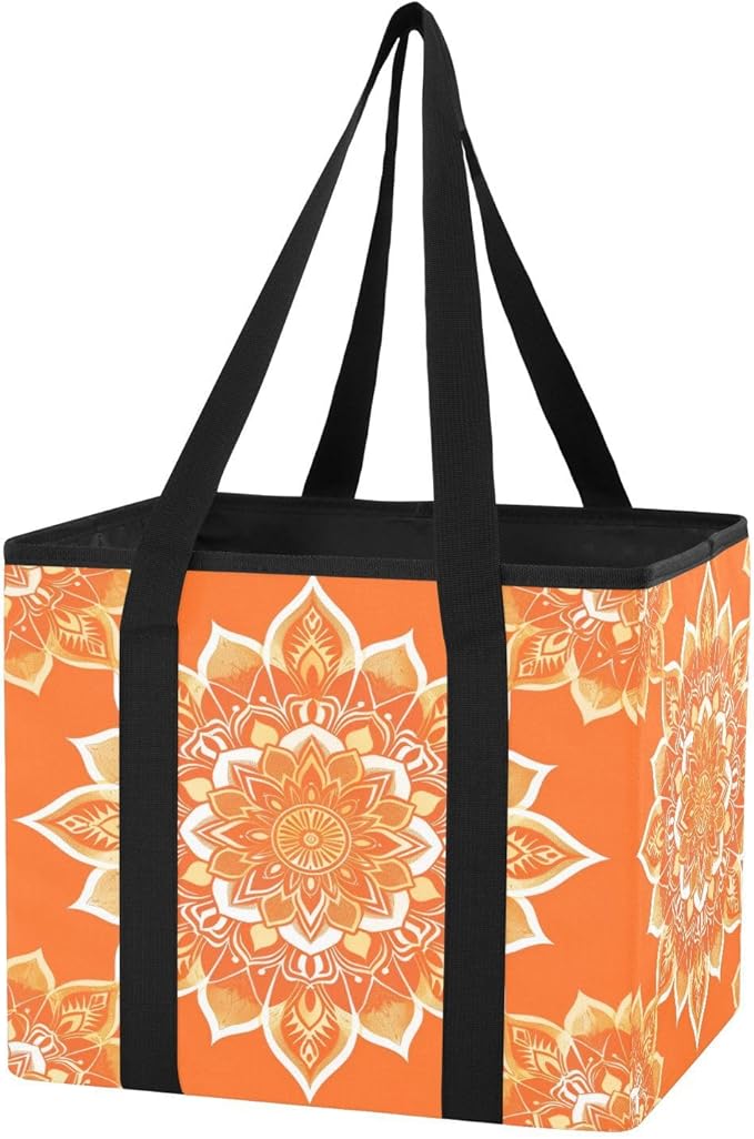 Orange Mandala Reusable Grocery Bags Large Shopping Tote Bag with Reinforced Bottom Board, Water Resistant Foldable Storage B