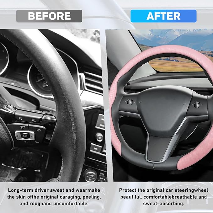 Car Nappa Leather Steering Wheel Cover, 15" Fashionable 5D Anti-Slip Vehicle Steering Wheel Protector, Breathable Auto Interi