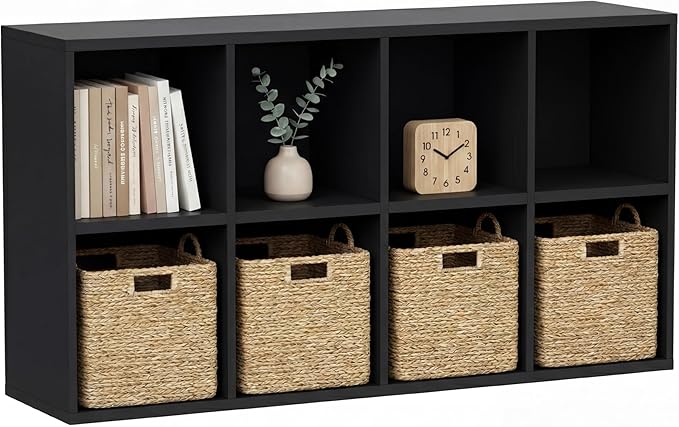 YESHOMY 8-Cube Storage Organizer, 2-Tier Black Bookshelf Open Frame, Modern Bookcase Display Shelf with Adjustable Shelves fo