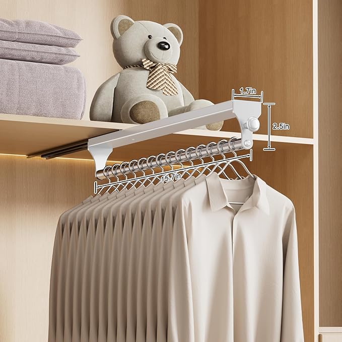 2 Pack Pull Out Closet Rod, 15.7inch Heavy Duty Pants Rack, Adjustable Clothes Hanger Rail, Space Aluminum Valet Rod, Top Mou