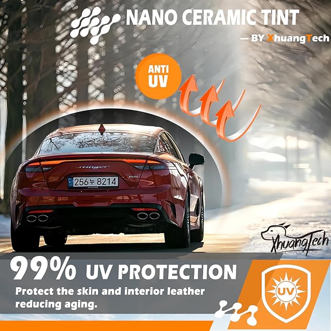 XhuangTech Ceramic Window Tint Film for Car, 15% VLT- 35 in x 25 Ft Black Heat Blocking Anti UV Glare for Automotive Side Rear Window, Privacy Tint Explosion-Proof Protection.