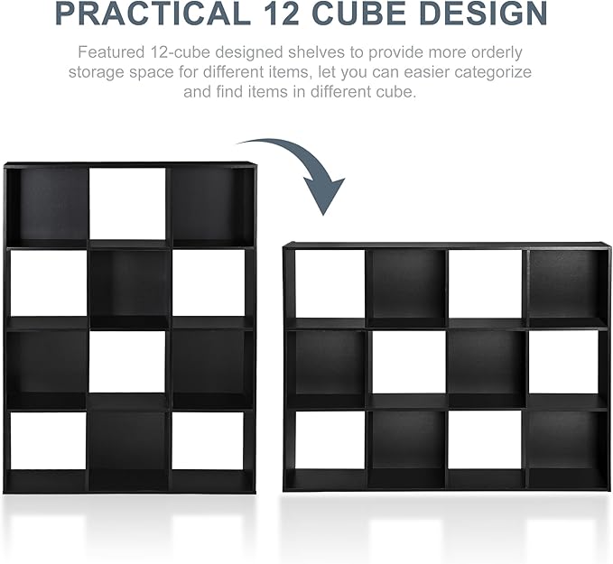 SUPER DEAL 12 Cube Storage Organizer, Open Shelf Bookcase, Wood Cubical Shelves Closet Cabinet Display Unit with 6 Removable 