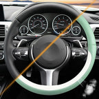 Green & White Nappa Leather Steering Wheel Cover, Cute Car Steering Wheel Cover for Men Women, 14.5-15 Inch Non-Slip Breathab