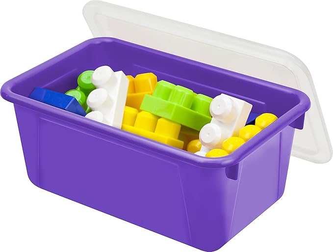 Storex Small Cubby Bins – Plastic Storage Containers for Classroom with Non-Snap Lid, 12.2 x 7.8 x 5.1 inches, Purple, (62411