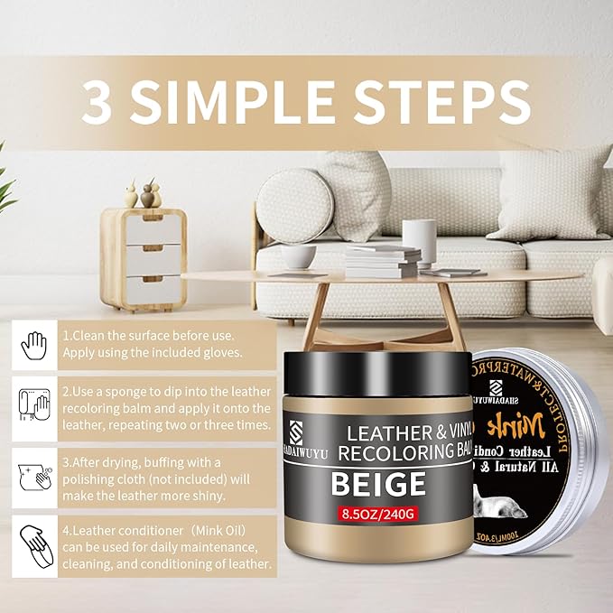8.5oz Leather Recoloring Balm with 100ml Mink Oil,Beige Leather Repair kit for Furniture and Car Interior,Leather Couch Scrat