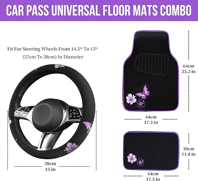 CAR PASS Butterfly Steering Wheel Cover and Waterproof Car Floor Mats,Purple Car Mats 14.5-15inch Steering Wheel Covers Unive
