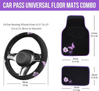 CAR PASS Butterfly Steering Wheel Cover and Waterproof Car Floor Mats,Purple Car Mats 14.5-15inch Steering Wheel Covers Unive