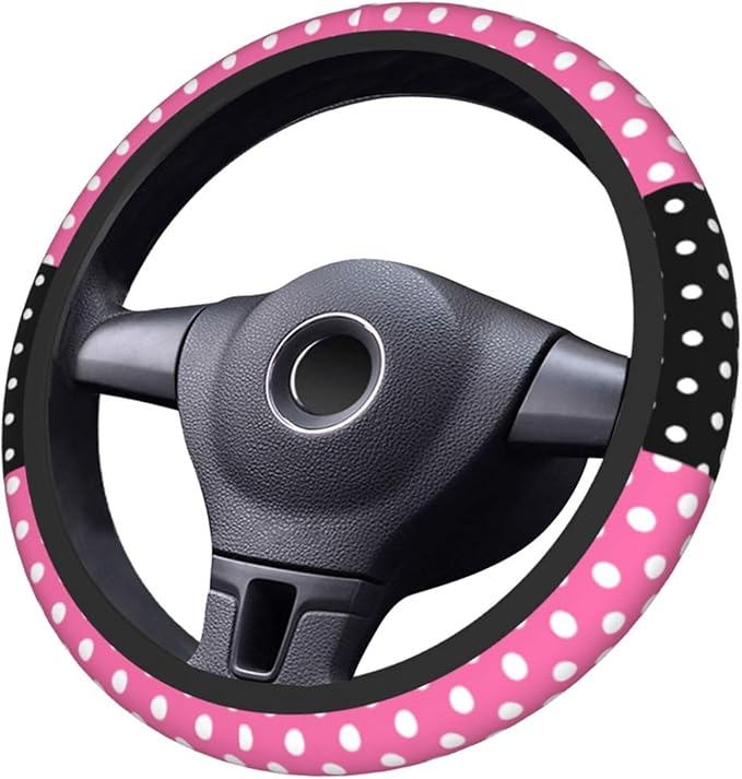Cute Pink Polka Dots Steering Wheel Cover for Women,Universal Fit 14-15 inch, Fashion Automotive Interior Decorative,with 2 P