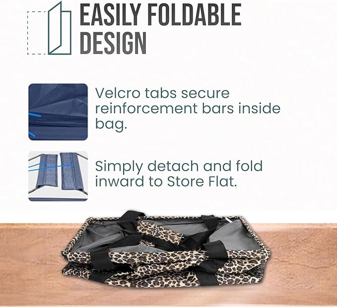 Extra Large Utility Tote Bag - Oversized Collapsible Tote with Wire Frame, Durable Reusable for Beach, Groceries, Laundry, Car Trunk, Storage and Travel - Includes 5x7 Bag with Hook - Leopard