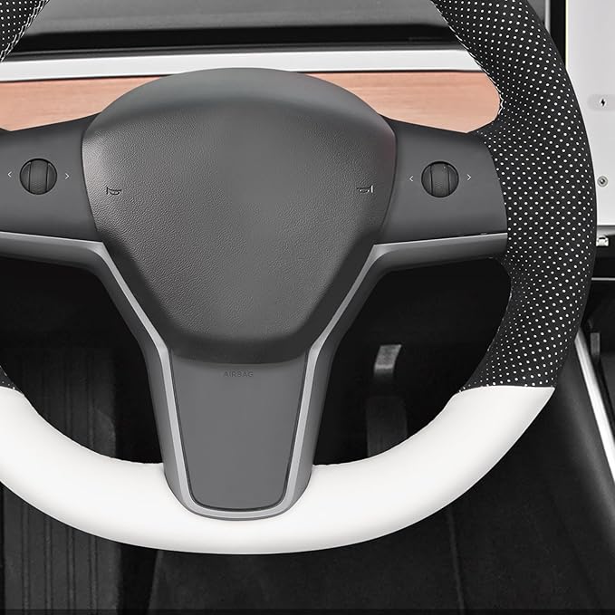 MEWANT Hand Stitched White Leather Tesla Model 3 Steering Wheel Cover for Tesla Model 3 2017-2023 / Model Y 2020-2023 for Tesla Model 3/Y Accessories