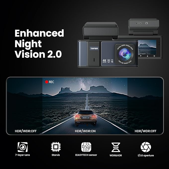 Dashcam Front and Rear Camera,TVFEA Dash cam 4K,Dual Dash Camera for Cars with Wi-Fi,3.18" LCD Screen,64GB Card,APP Control,N