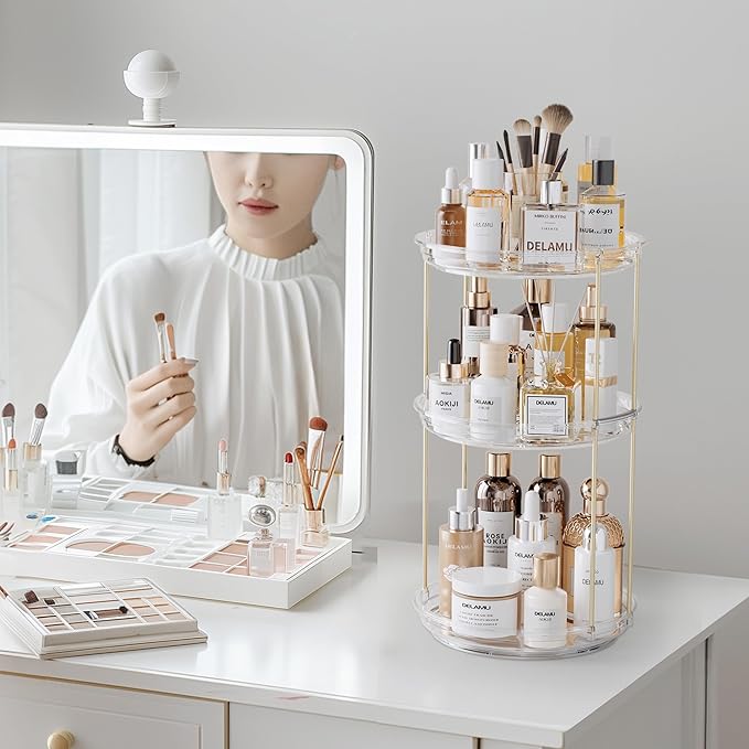 Delamu 3 Tier Rotating Makeup Organizer for Vanity, Skincare Organizer for Bathroom Counter, Spinning Perfume Organizer Cosme