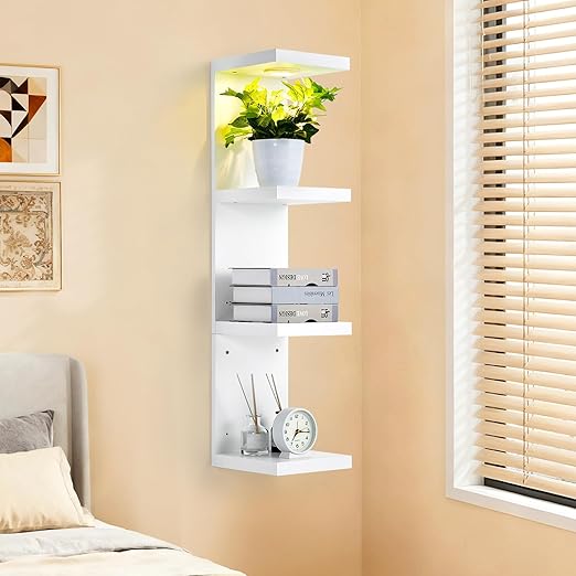 LinTimes 4-Tier LED Wall Shelf with Remote Control, White Floating Shelves Unit, Wall Mounted Display Storage