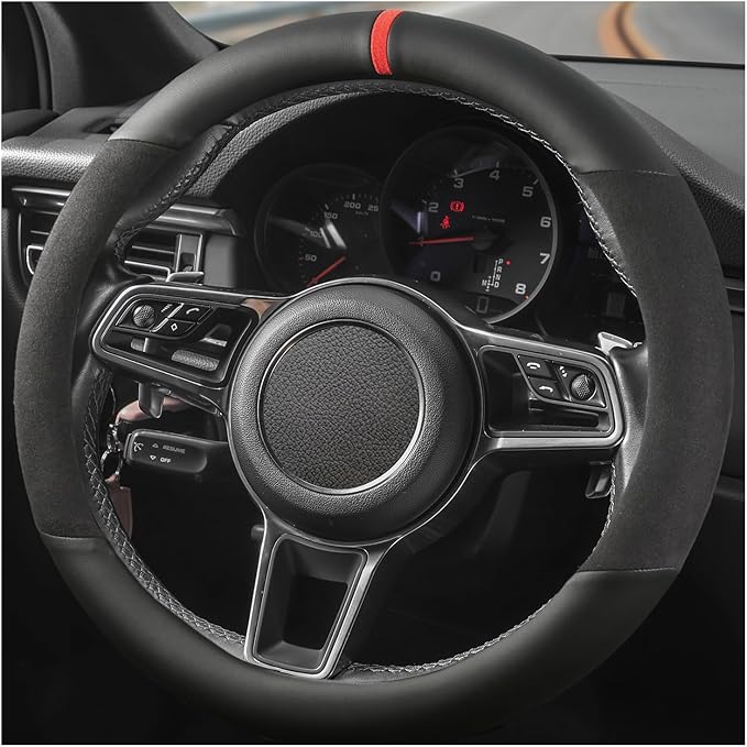 Suede Steering Wheel Cover with Upgraded Silicone Inner Ring, Anti Heat, Breathable, Anti-Slip, Leather Universal 14.5 to 15 