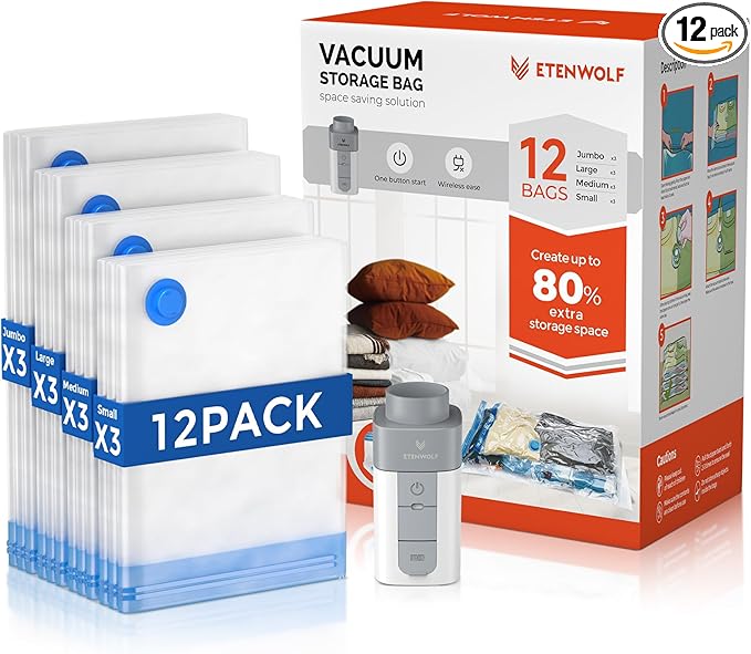 ETENWOLF 12 Pack Vacuum Storage Bags with Rechargeable Wireless Pump, Vacuum Seal Bags for Clothes and Travel, Space Saver Ba