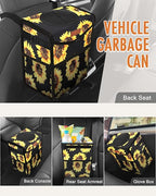 Car Trash Can with Lid, Cute Leakproof Car Trash Garbage Bag Hanging Vehicle Trash Bin Small Portable Automotive Garbage Cans Organizer for Back/Front Seat(Trapezoid,Black Sunflower