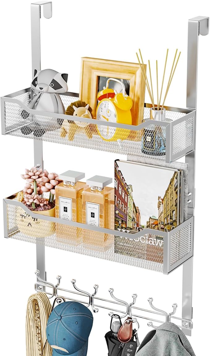 SWTYMIKI Over The Door Hook with 16 Hooks & 2 Mesh Baskets - Heavy Duty Over The Door Organizer Hanger for Towels, Coats, Clo