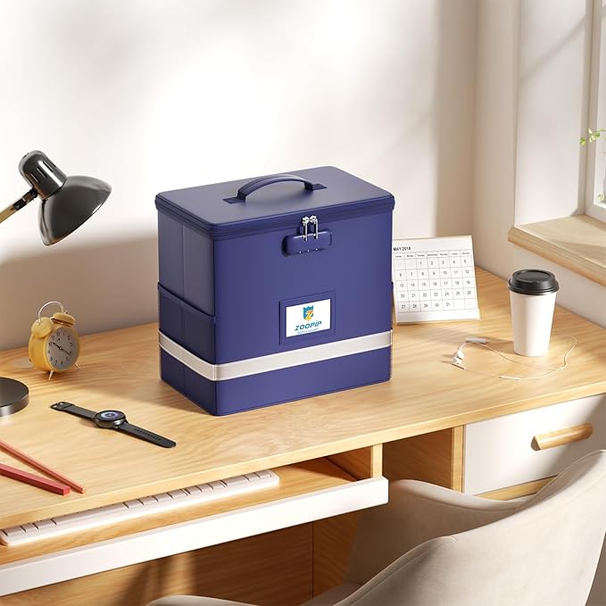 Fireproof File Box with Lock, Document Box Storage Organizer, Suitable for Hanging File Folders in Letter Size, Collapsible F