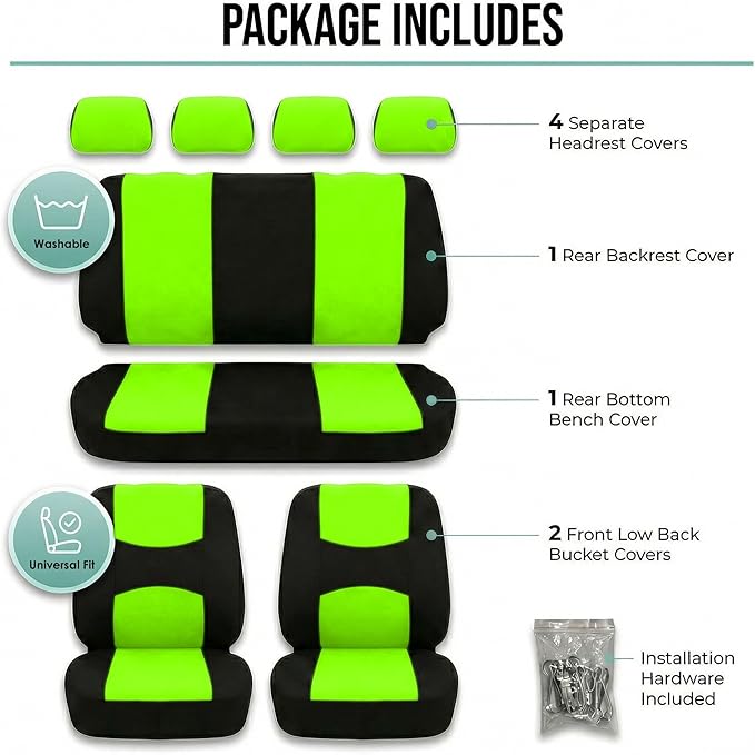 FH Group Flat Cloth Full Set Car Seat Covers Three Row 7 Seater - Universal Fit for Cars, Trucks & SUVs Green