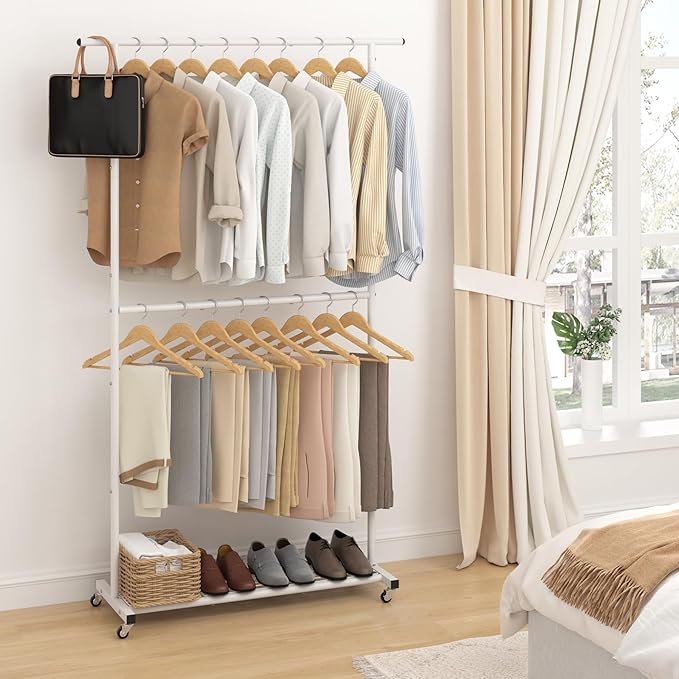 Sywhitta Double Rod Clothing Garment Rack, Rolling Coat Hanger with Bottom Mesh, Clothing Rack for Hanging Clothes, Coats, Sk
