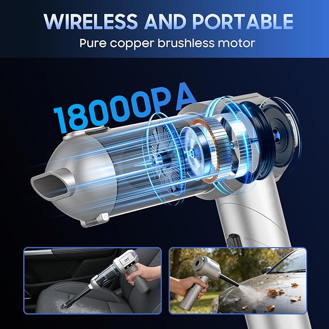 car Vacuum Portable Cordless, 18000PA Brushless Motor Hand Held Vacuum,Air Duster, 120W High Power Mini Vacuum Cleaner Foldab