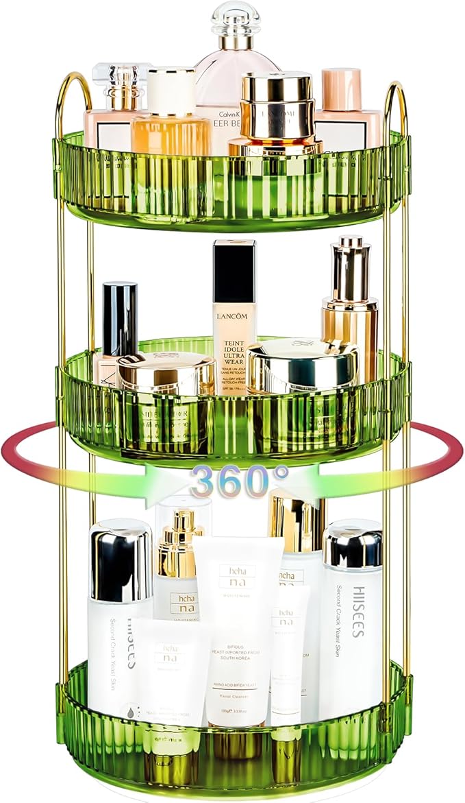 360 Rotating Makeup Organizer - Large Capacity Spinning Perfume & Cosmetic Skincare Holder for Vanity & Countertop (Gem Green