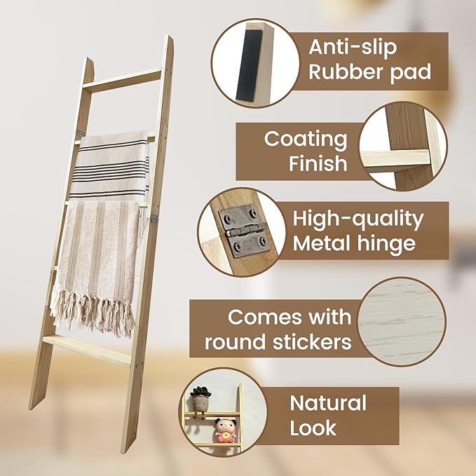 5-Tier Blanket Ladder – 4.8 Ft Wall Leaning Quilt Rack, Farmhouse Blanket Storage for Living Room, Bedroom & Bathroom – Rusti